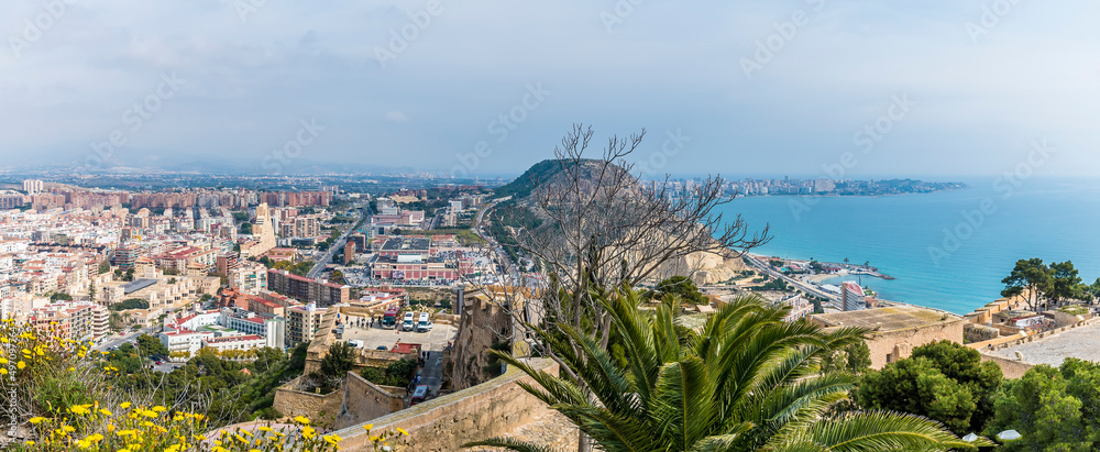 A view from the summit of the castle of Saint Ferran along the coast at Alicante on a spring day