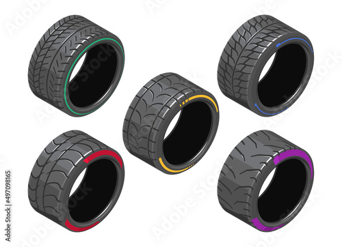 Auto tire in isometry. Set of car tires with different treads. Different 3d auto tire. Auto tire icons on white background. Tire clipart with different tread pattern. EPS 10 vector illustration