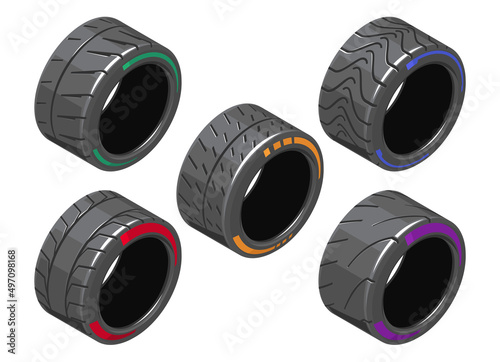 Auto tire in isometry. Set of car tires with different treads. Different 3d auto tire. Auto tire icons on white background. Tire clipart with different tread pattern. EPS 10 vector illustration