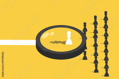 Recruitment vector with magnifying glass and pawn chess on yellow background. Business symbol for hiring, Leadership and growth concept. Eps10 vector illustration.