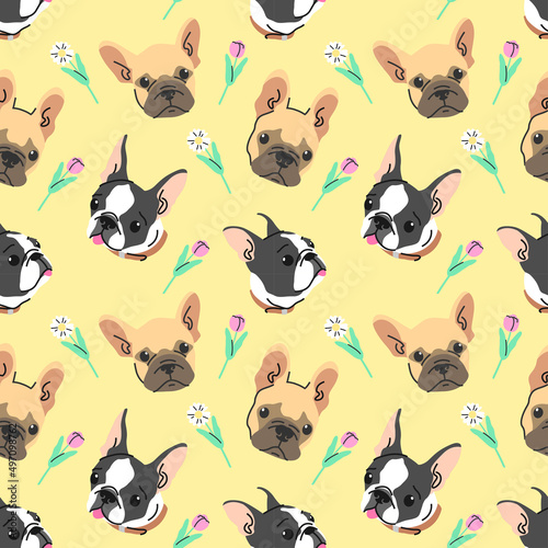 CUTE BLACK AND BROWN FRENCH BULLDOG HEAD WITH FLOWER. FLAT SEAMLESS PATTERN DESIGN.