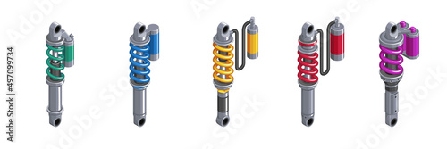 Shock absorber for the car. Racing shock absorber in isometrics. 3d icon of a shock absorber. Set of shock absorber cliparts on white background. Shock absorbers of different modifications. Vector 