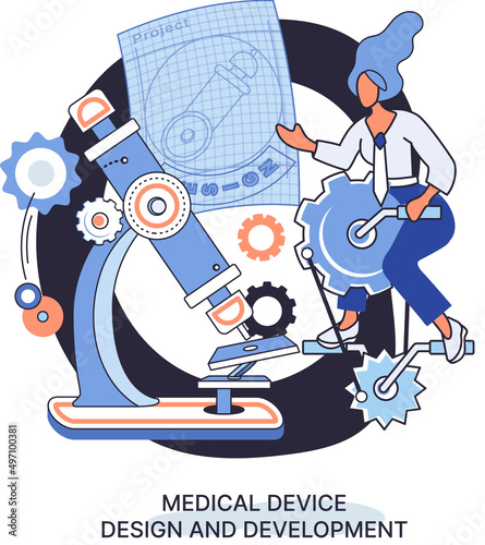 Medical device design and development metaphor with scientist develop research appliance  equipment and experiment. Laboratory diagnostic service chemistry clinic laboratories  pharmaceutical research