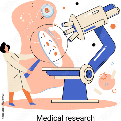 Medical research metaphor. Laboratory diagnostic services, Scientists work equipment and microscope. Virologists chemistry clinic laboratories, microbiology pharmaceutical research. Vaccine discovery
