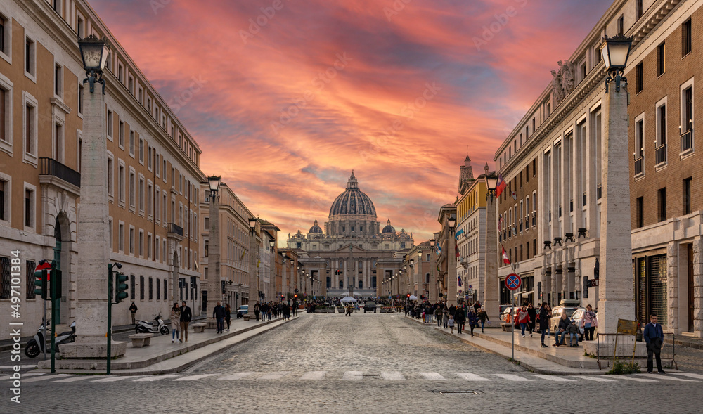 Saint Peter's Basilica and Via della Conciliazione at Sunset