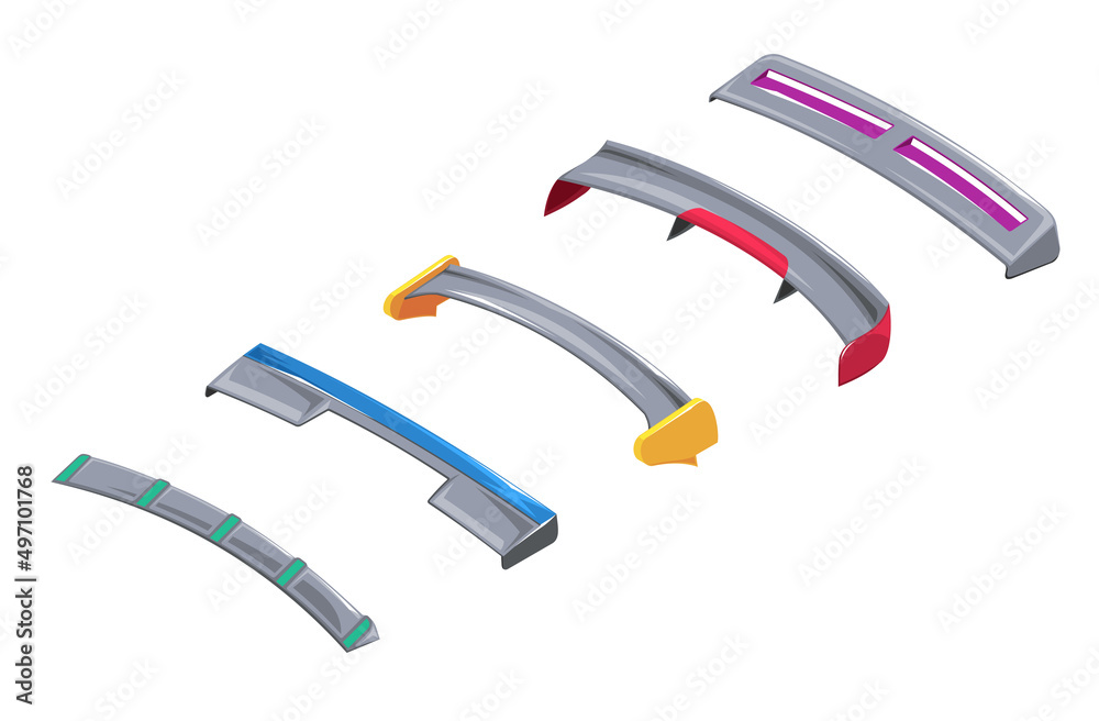 Spoiler for the car. Set of sports spoilers for racing car. Spoiler in isometrics of different