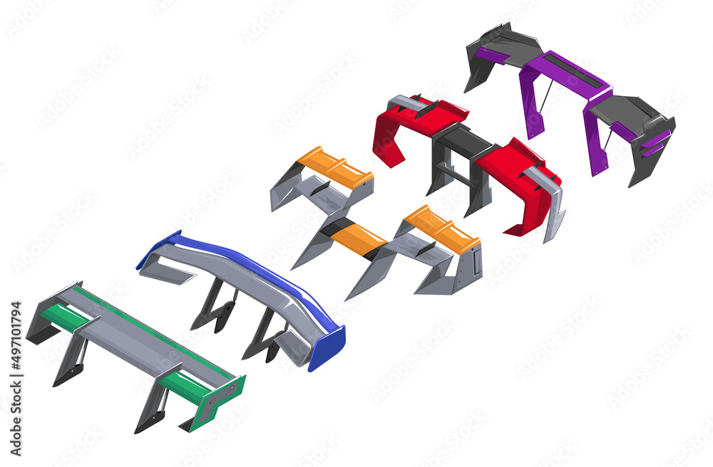 Spoiler for the car. Set of sports spoilers for racing car. Spoiler in isometrics of different modifications. 3d icon of cartoon style spoilers. Clipart of different spoilers. Racing inventory game Spoiler for the car. Set of sports spoilers for racing car. Spoiler in isometrics of different modifications. 3d icon of cartoon style spoilers. Clipart of different spoilers. Racing inventory game