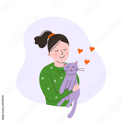 Girl holds and hugs the cat. Children puppies friendship. Vector flat style cartoon illustration