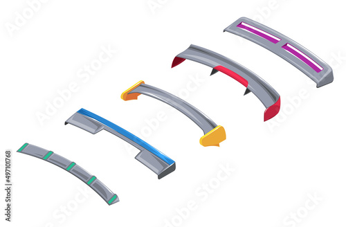 Spoiler for the car. Set of sports spoilers for racing car. Spoiler in isometrics of different modifications. 3d icon of cartoon style spoilers. Clipart of different spoilers. Racing inventory game