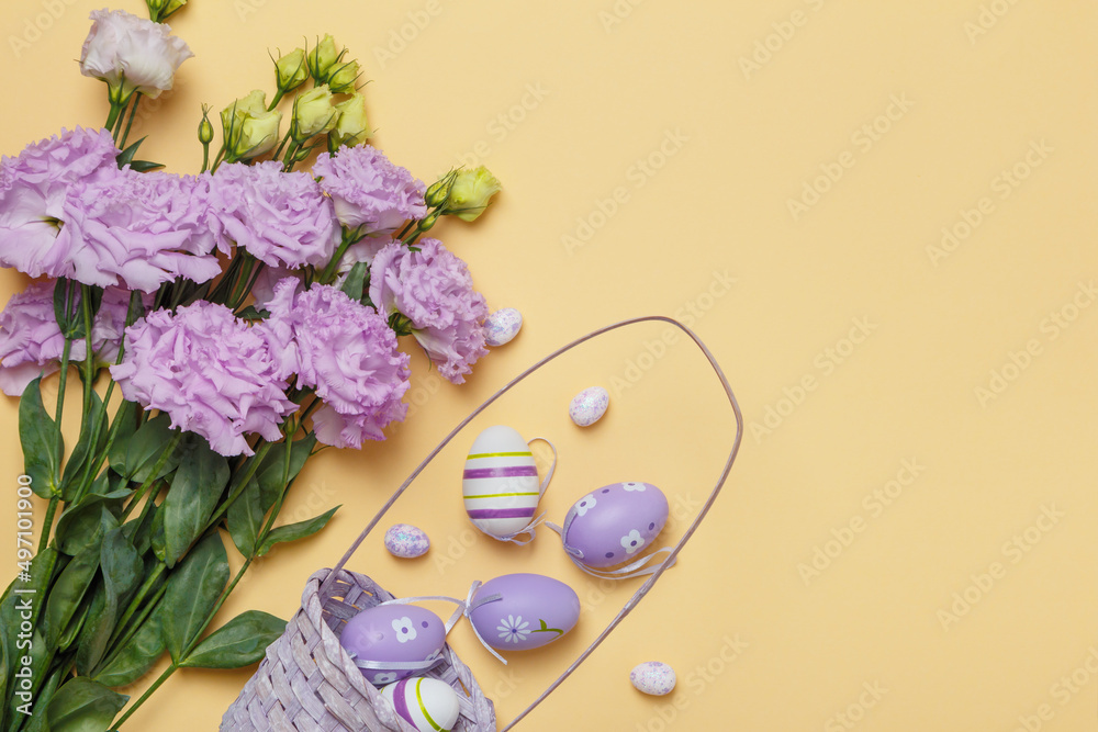 Fototapeta premium Easter eggs basket bouquet of purple flowers on a yellow background with copy space.
