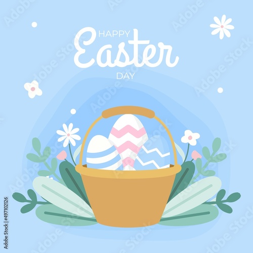 happy easter day greeting card bucket of eggs with flower around it