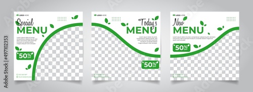 set of editable natural concept square poster template designs for food posts on social media. Suitable for post restaurant advertisements and digital culinary promotions. white and green color combin