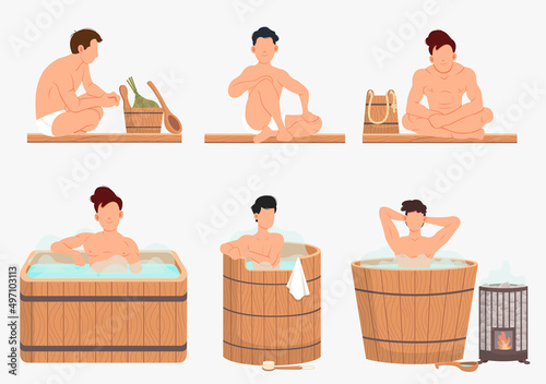 Young man sitting in tub washing his body in sauna. Bathhouse or banya at home isolated. Guy in barrel is resting in sauna. Male character in hot steam. Wellness spa procedures in wooden water barrel