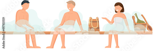 Sauna and steam room. Set of people in sauna. People relax and steam with birch brooms in traditional russian stove for female and male. Finnish bathhouse. Public sauna, Friends in spa resort