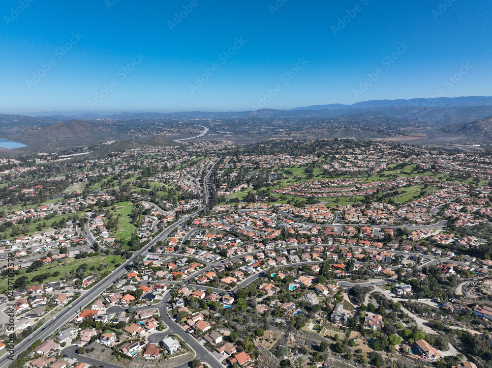 Aerial view of middle class neighborhood with villas in South California, USA