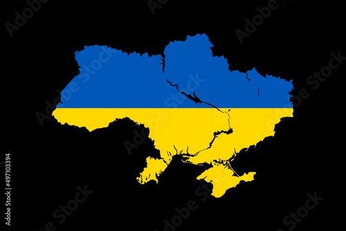 Map of Ukraine in the colors of the national flag. With the presence of rivers and reservoirs in the country. Flat minimal style.