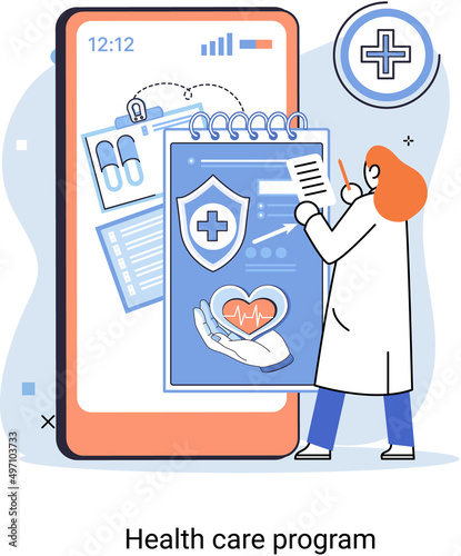 Health care program metaphor, online medical services, protection medicine. Medical insurance, hospital services, preventive check up, sick leave certificate treatment diagnosis patients, telemedicine