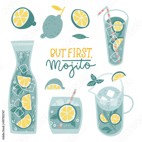 Set of ingredients of mojito cocktail refreshing with lime and mint, glass, jug and bottle. But first, mojito. Colored flat hand drawn vector illustration isolated on white.