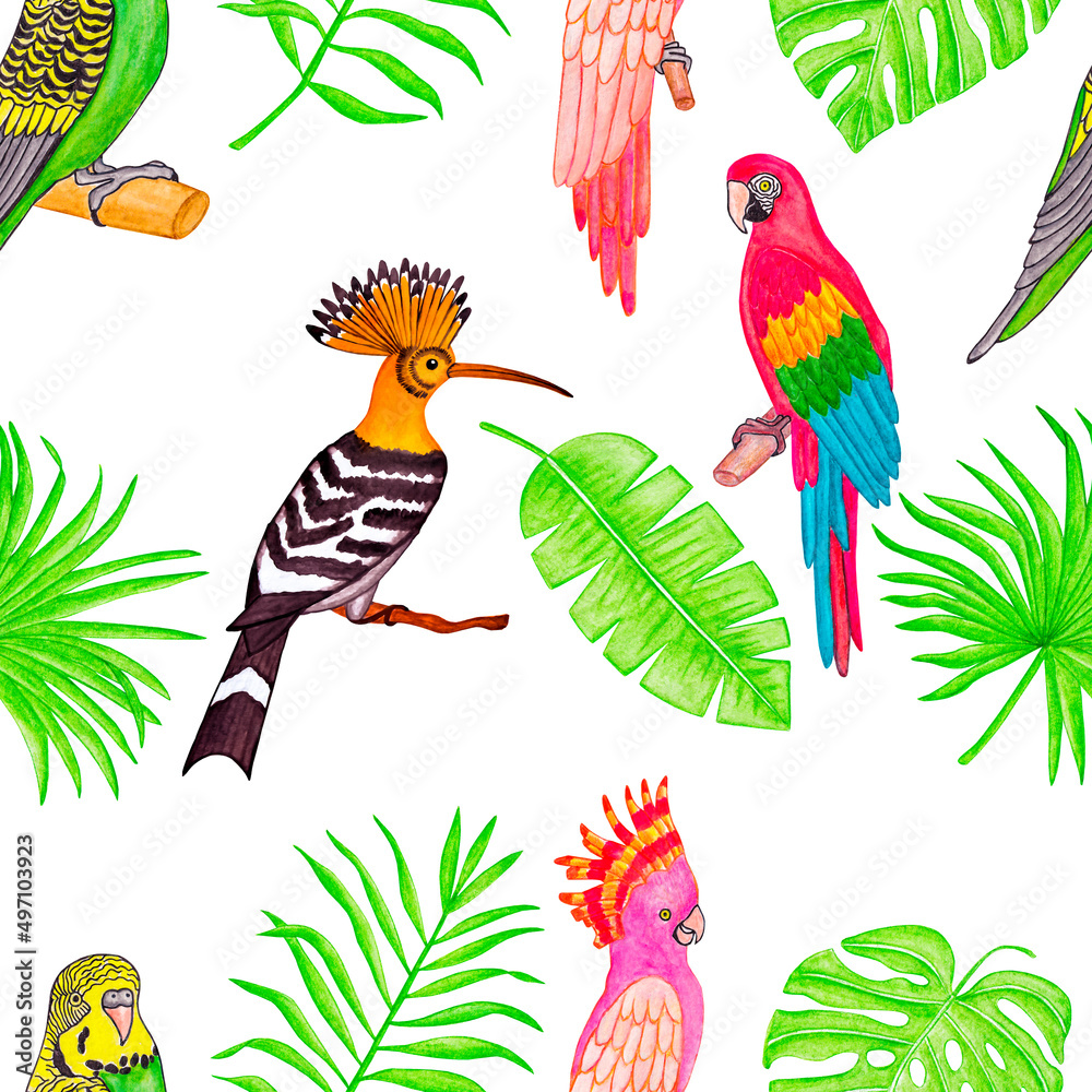 Fototapeta premium Seamless watercolor tropical pattern of birds and plants.