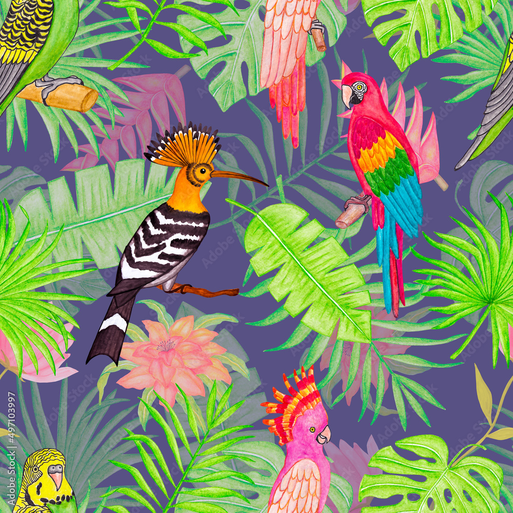 Seamless watercolor tropical pattern of birds and plants. Seamless watercolor tropical pattern of birds and plants.