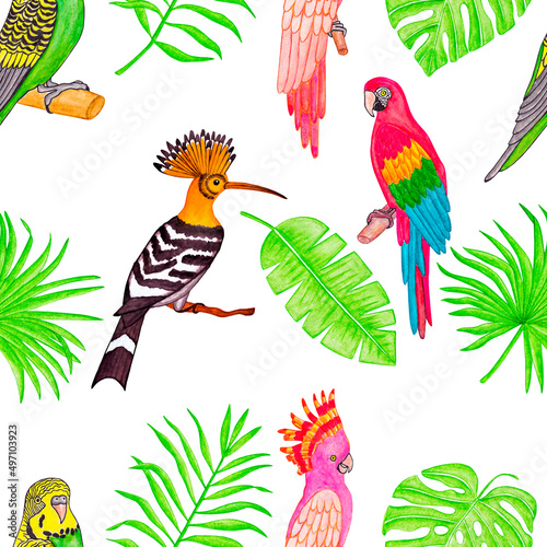 Seamless watercolor tropical pattern of birds and plants.