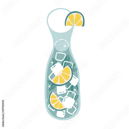 Mojito cocktail in stylish glass jug. Citrus lemonade in transparent jar. Refreshing summer drink. Bottle filled with ice, mint and orange, lemon or lime slices. Flat hand drawn vector illustration.