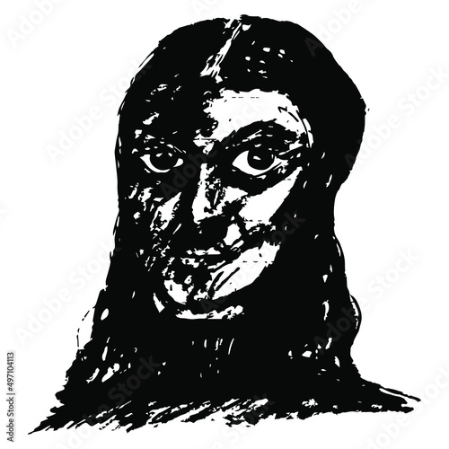Dirty grungy female portrait. Dark scary head of a woman. Hand drawn rough sketch. Black silhouette on white background.