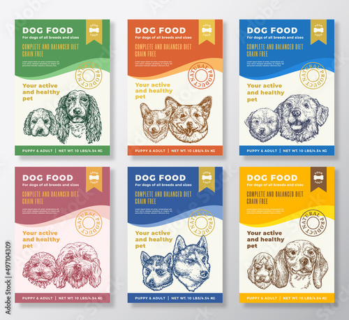 Dog Pet Food Label Templates Set. Abstract Vector Packaging Design Layouts Collection. Typography Banners with Hand Drawn Puppy and Adult Dog Breeds Sketch Faces Backgrounds Isolated