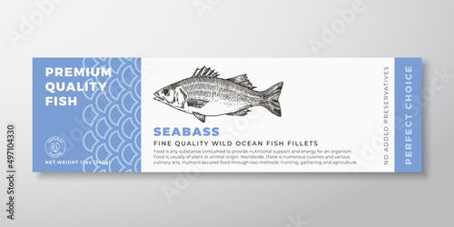 Premium Quality Seabass Vector Packaging Label Design Modern Typography and Hand Drawn Fish Silhouette Seafood Product Background Layout