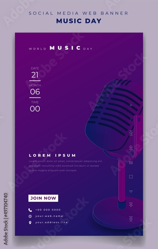 Portrait banner template with microphone podcast design for world music day design