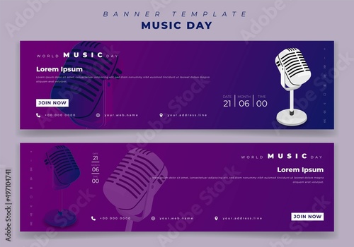 Landscape banner template for world music day in purple background with microphone design