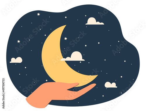 Human hand holding moon crescent. Peaceful calm night under black sky with stars at person flat vector illustration. Sweet dreams, bedtime concept for banner, website design or landing web page