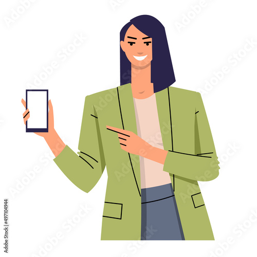 Young woman showing cellphone screen. Smiling business woman pointing finger at phone. Vector illustration isolated on white background. Flat style.