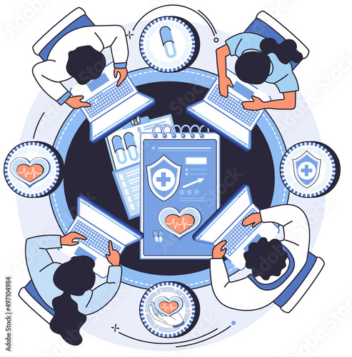 Health care program, medical services, insurance and treatment, prescription medicine, medication course, pharmacology concept, pharmaceutical clinical researches, pills recommendation online services