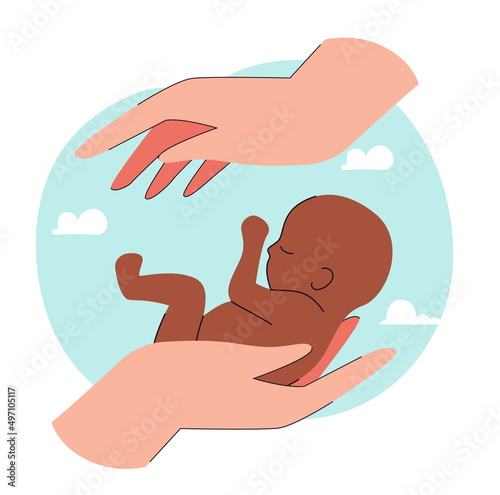 Human hands holding premature newborn baby. Love and medical care for child flat vector illustration. Neonatology, World Prematurity Day, family concept for banner, website design or landing web page
