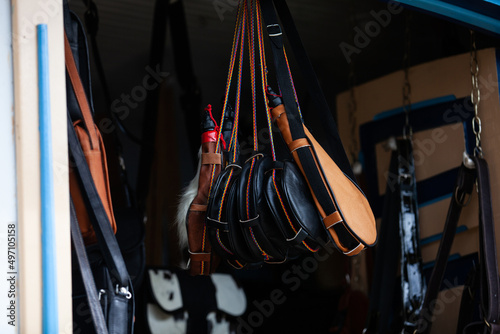 Traditional handcrafted wineskin boots in Salento an small town of the region of Quindio in Colombia