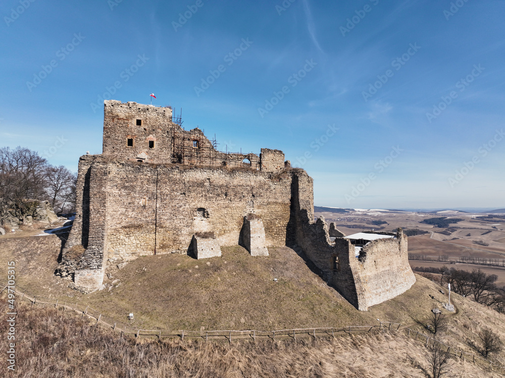Aerial view of the castle in the village of Kapusany in Slovakia