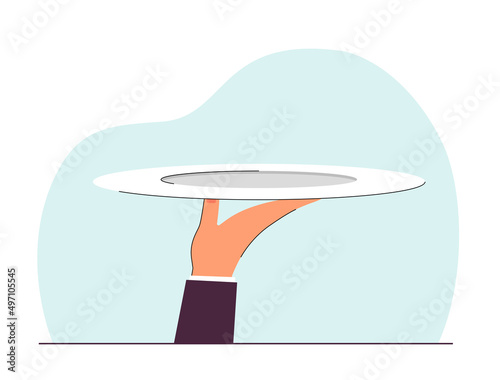 Hand of waiter, chef or butler holding empty tray. Person serving food on plate flat vector illustration. Catering service, delivery, retro concept for banner, website design or landing web page