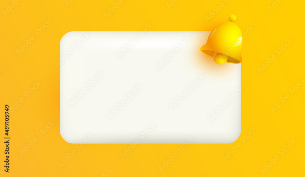 blank board with handbell reminder design mockup. Notifications page with yellow bell sign 3d vector Illustration for business planning events timetable development Email marketing and advertise - obrazy, fototapety, plakaty 