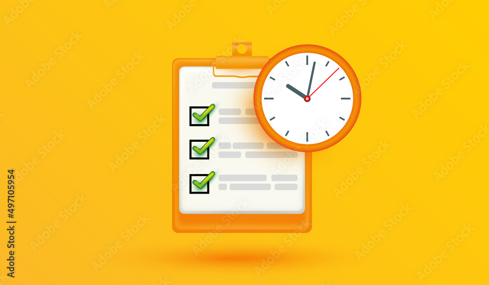 office clock and check list icon on clipboard isolated on yellow background. task planning. Deadline. Tasks list concept - obrazy, fototapety, plakaty 