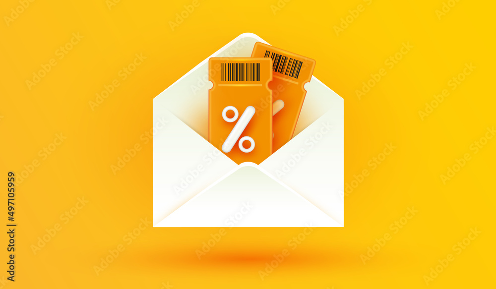 Open envelope icon with discount coupon or voucher gift and barcode on yellow background. lucky ticket and percent sign. Sale bonus points benefit special offer 3d vector illustration style. - obrazy, fototapety, plakaty 