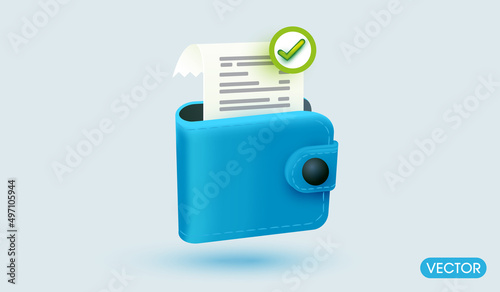 payment transaction success in minimal  blue wallet isolate on background. money saving icon. cashless society 3d vector illustration style concept.