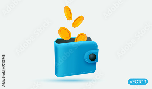 golden coins money saving or and payment minimal blue wallet isolate on background. cashless society 3d vector illustration style concept.