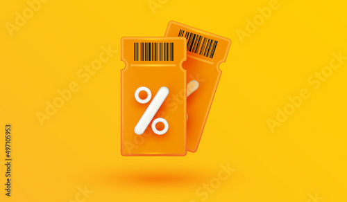 discount coupon or voucher gift with barcode on yellow background. lucky ticket and percent sign. Sale bonus points benefit special offer 3d vector illustration style.