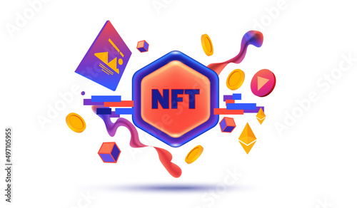 NFT non-fungible token icon with types of digital data files symbol vector illustration