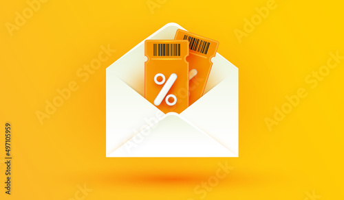 Open envelope icon with discount coupon or voucher gift and barcode on yellow background. lucky ticket and percent sign. Sale bonus points benefit special offer 3d vector illustration style.