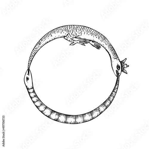 Boho mystic snake design. Abstract hand drawn esoteric serpent icon with moon eye, occult tattoo egypt style. Vector illustration.
