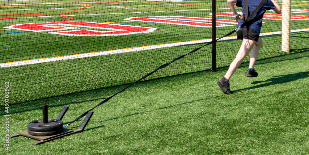 Female pulling a sled with weights on a turf field Female pulling a sled with weights on a turf field
