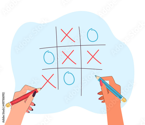 Hands holding pencils to play tic tac toe. People drawing crosses and noughts in simple game for children flat vector illustration. Strategy concept for banner, website design or landing web page