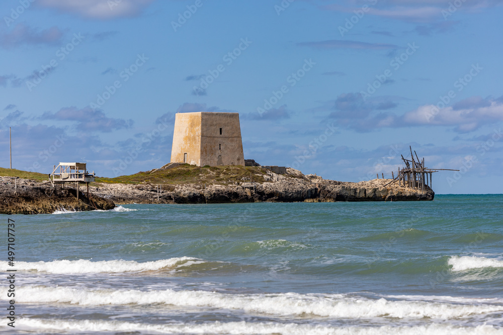 Calalunga Tower and Trabucco, (Trabocco, Trebuchet) on Apulian coast, on Adriatic sea. Peschici, Puglia (Apulia), Italy, Europe